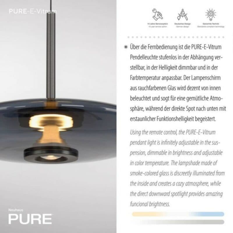 Paul Neuhaus Pendelleuchte Pure E-Vitrum in Rauchglas