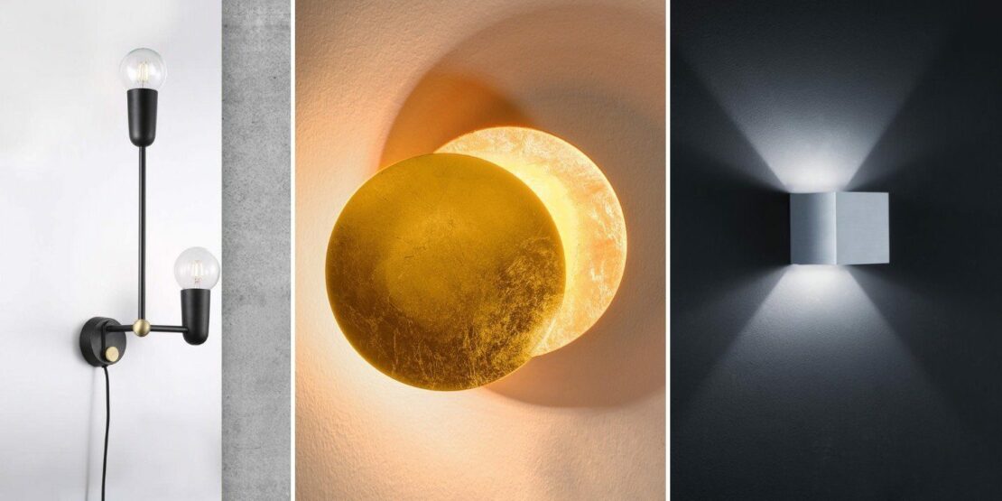 Eine schlichte 2-flammige Wandleuchte aus schwarzem Metall, eine kreisförmige Wandleuchte in Blattgold-Optik mit indirekter Beleuchtung, eine silberne würfelförmige Wandlampe mit Up- und Downlight