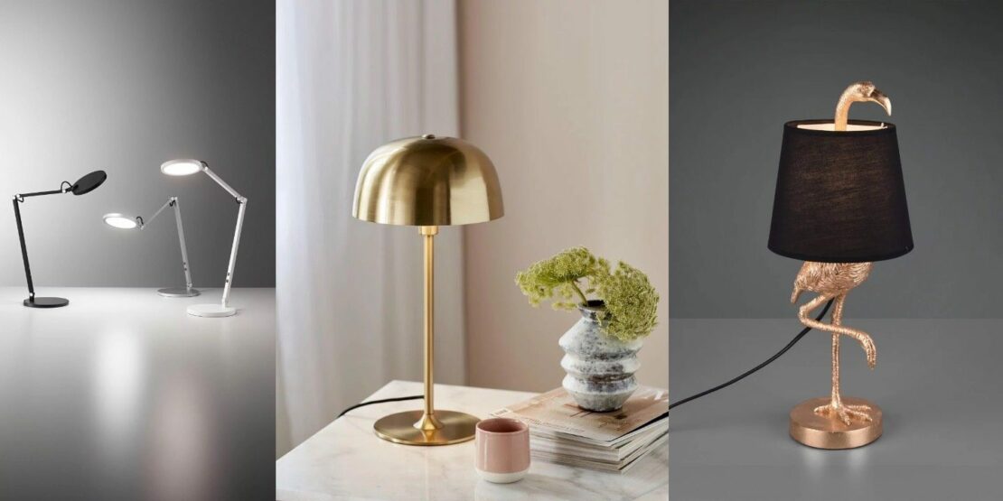 3 moderne Tischleuchten in Schwarz, Silber und Weiß, eine goldene Tischleuchte im Vintage-Skandi-Look auf einem Tisch, eine kupferfarbene Tischleuchte im Flamingo-Design mit schwarzem Textilschirm