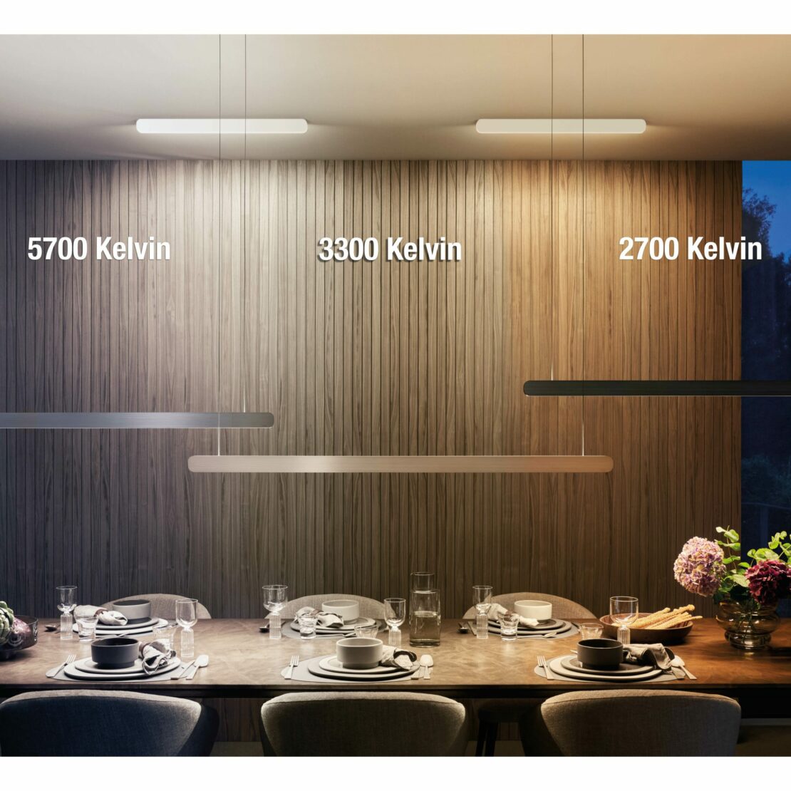 Pendelleuchte über einem Esstisch mit verschiedenen Beispielen für die Lichtfarbe: tageslichtweiße 5700 Kelvin, helles Warmweiß bis Kaltweiß 3300 Kelvin, Warmweiß 2700 Kelvin
