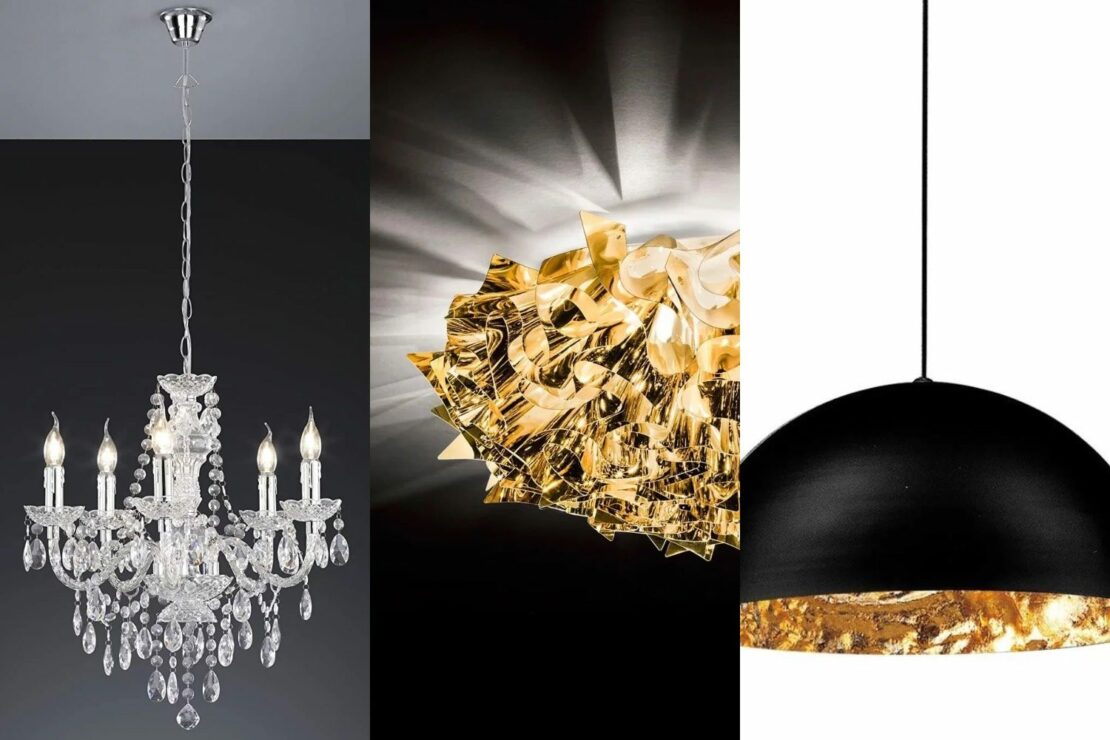 Eleganter Kronleuchter in Kristallglas-Optik, drapierte Deckenleuchte aus Goldfolie, Pendelleuchte aus mattschwarzem Metall, Innenseite in Blattgold-Optik