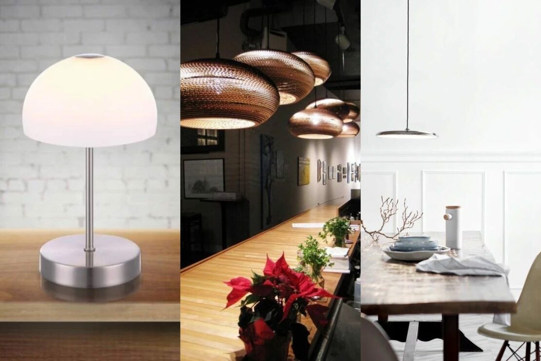 Fotocollage zeigt drei Lampen mit sehr unterschiedlichen Lampenschirmen: aus mattiertem Glas, aus Bast sowie Metall