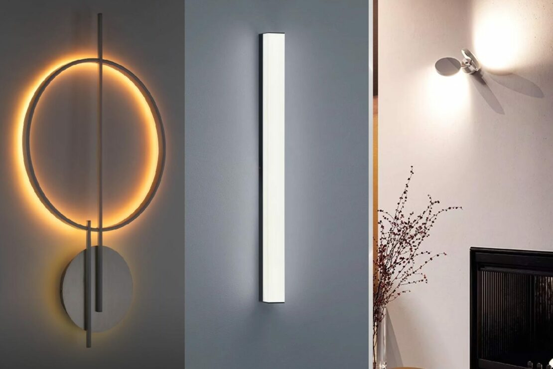 3 verschiedene Leuchten für die Wand: eine runde Leuchtstelle an zwei geraden, eine Lampe in Form eines Stabs, eine Wandleuchte mit Linsen oben und unten, die frei beweglich sind