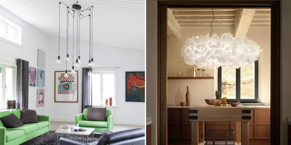 Minimalistische Pendelleuchte mit mehreren Pendeln und dezentraler Aufhängung; extravagante Deckenleuchte in Landhausstil-Küche (von links nach rechts)