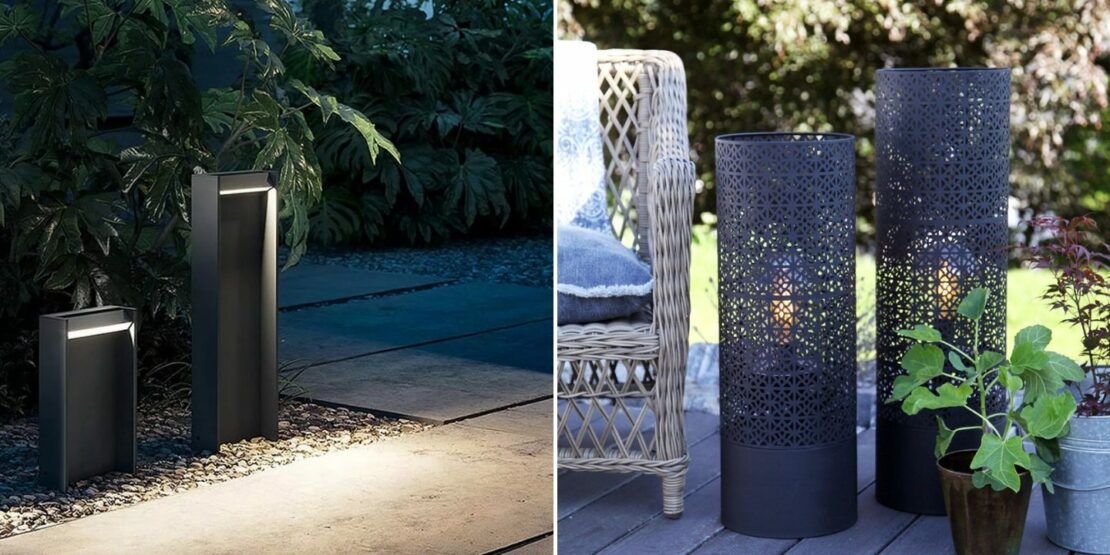 2 Ambientebeispiele: Links 2 Pollerleuchten bei einem Gartenweg, Rechts: 2 Bodenleuchten auf einer Terrasse