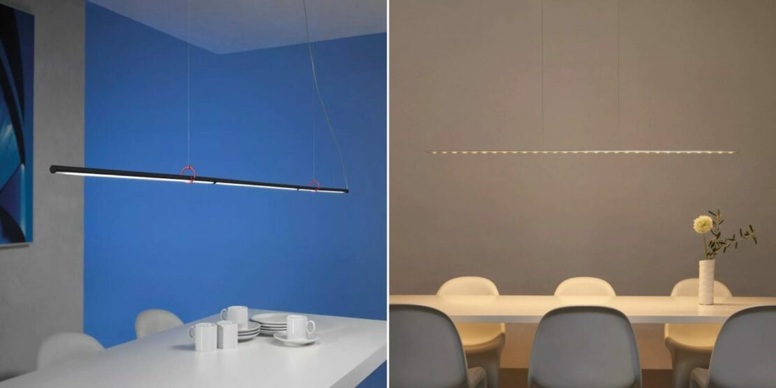 Zwei Beispiele für Pendelleuchten über langen Tischen, die sich unter anderem in einem Besprechungsraum nützlich machen