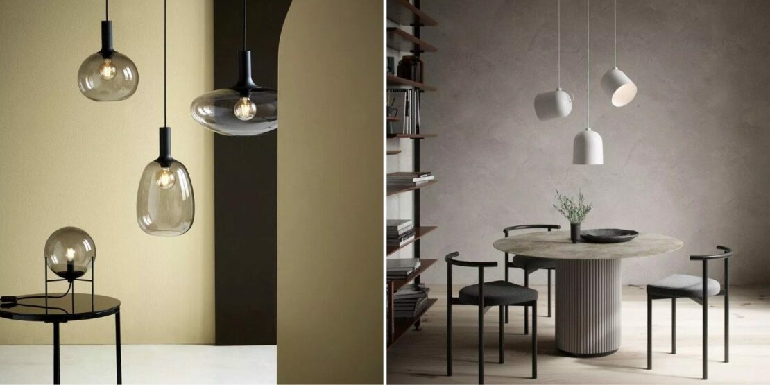 Beispiele für Leuchten passend zum skandinavisch inspirierten Einrichtungsstil mit Rauchglas-Lampenschirm oder als elegante Hängeleuchte aus Metall