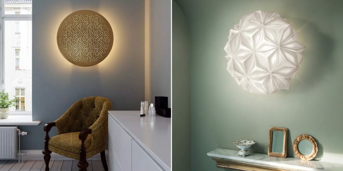 Zwei Beispiele für romantische Wandleuchten, gefertigt aus unterschiedlichen Materialien: aus Kunststoff inspiriert von Blumen und aus Metall mit gestanzten Lichtpunkten, die an einen Sternenhimmel erinnern