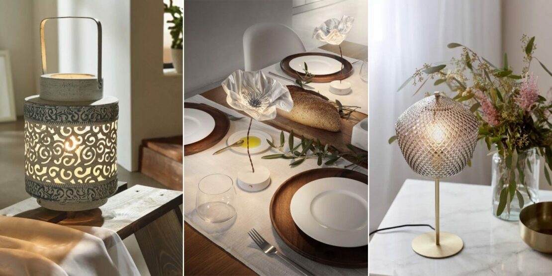 Drei Beispiele für Tischleuchten passend zum Romantik-Stil: in Form einer Laterne, eine dekorative Blume als Akkuleuchte und in klassischer Form mit gläsernem Lampenschirm