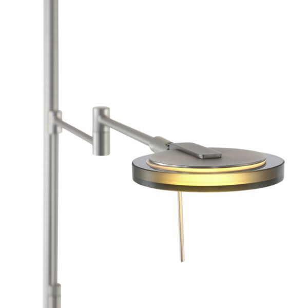 Steinhauer Deckenfluter Turound mit Lesearm in Stahl mit rauchfarbenem Diffusor Detailansicht Leuchtenkopf