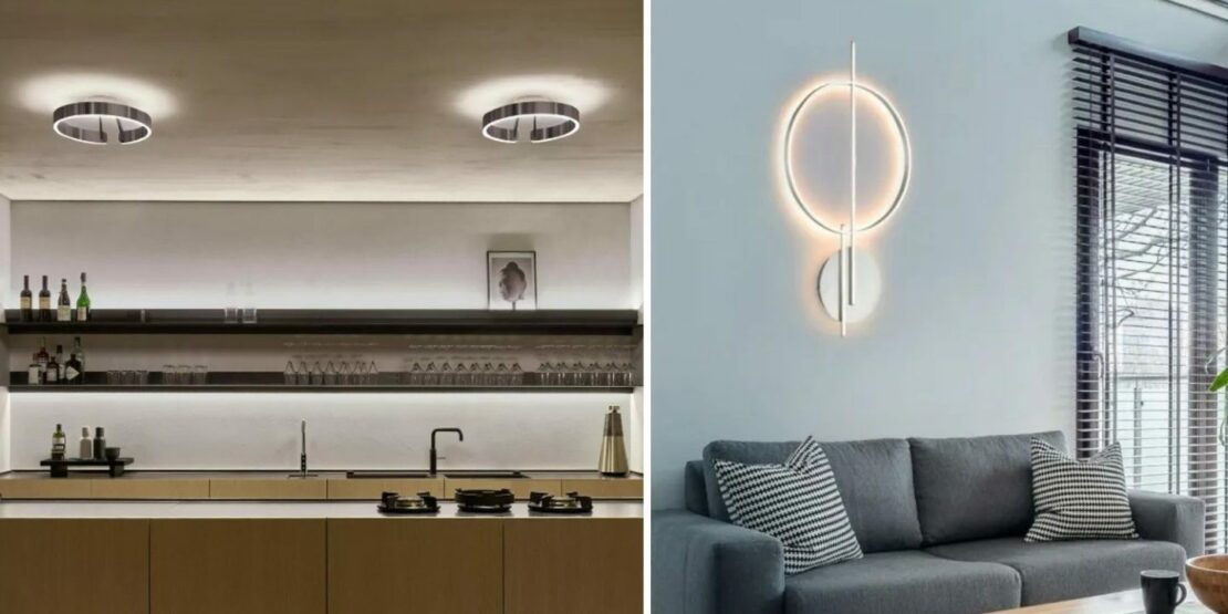 Wohnbeispiele einer smarten Deckenleuchte in einer Küche und einer smarten LED-Wandlampe im Wohnzimmer