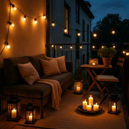 Ambientebeispiel eines beleuchteten Balkons mit Lichterketten und Kerzen