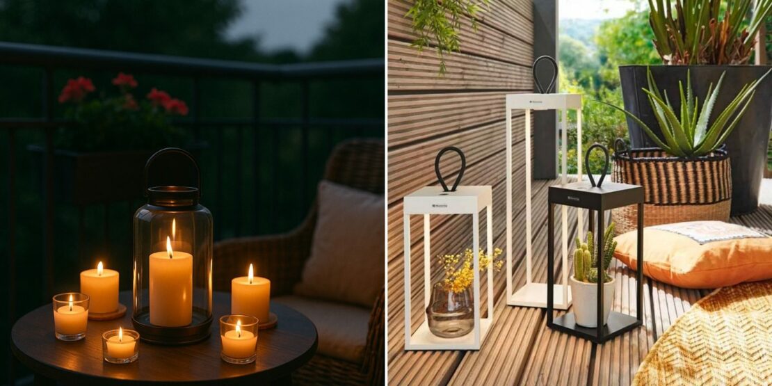 Links im Bild: Kerzen auf einem Balkontisch, rechts im Bild: 3 LED-Laternen mit beleuchteten Blumen im Inneren.