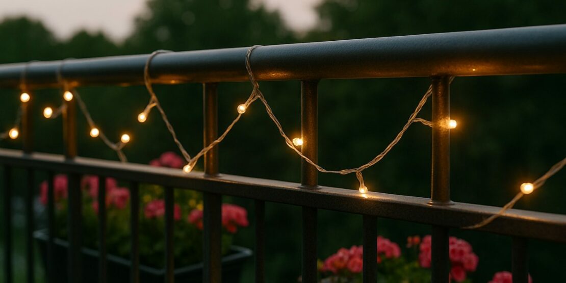 Ambientebeispiel eines Balkons, dessen Geländer mit einer Lichterkette dekoriert wurde.