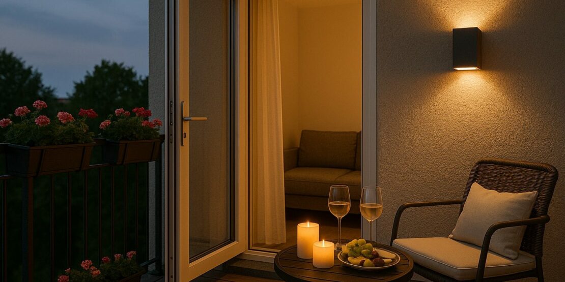 Ambientebeispiel eines Balkons mit einer Wandleuchte, die nach oben und unten zur Wand hin strahlt.